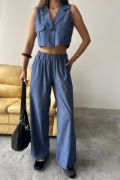 TENCEL CROP KOLSUZ GÖMLEK - PANTOLON TAKIM - İndigo resmi